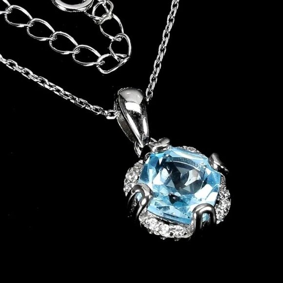 Natural Cushion‎ Sky Blue Topaz 8mm & Cz 925 Sterling Silver Necklace 17" - Picture 11 of 11